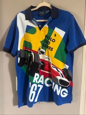 Ralph Lauren Blue Racing Graphic Polo with Red Car Print